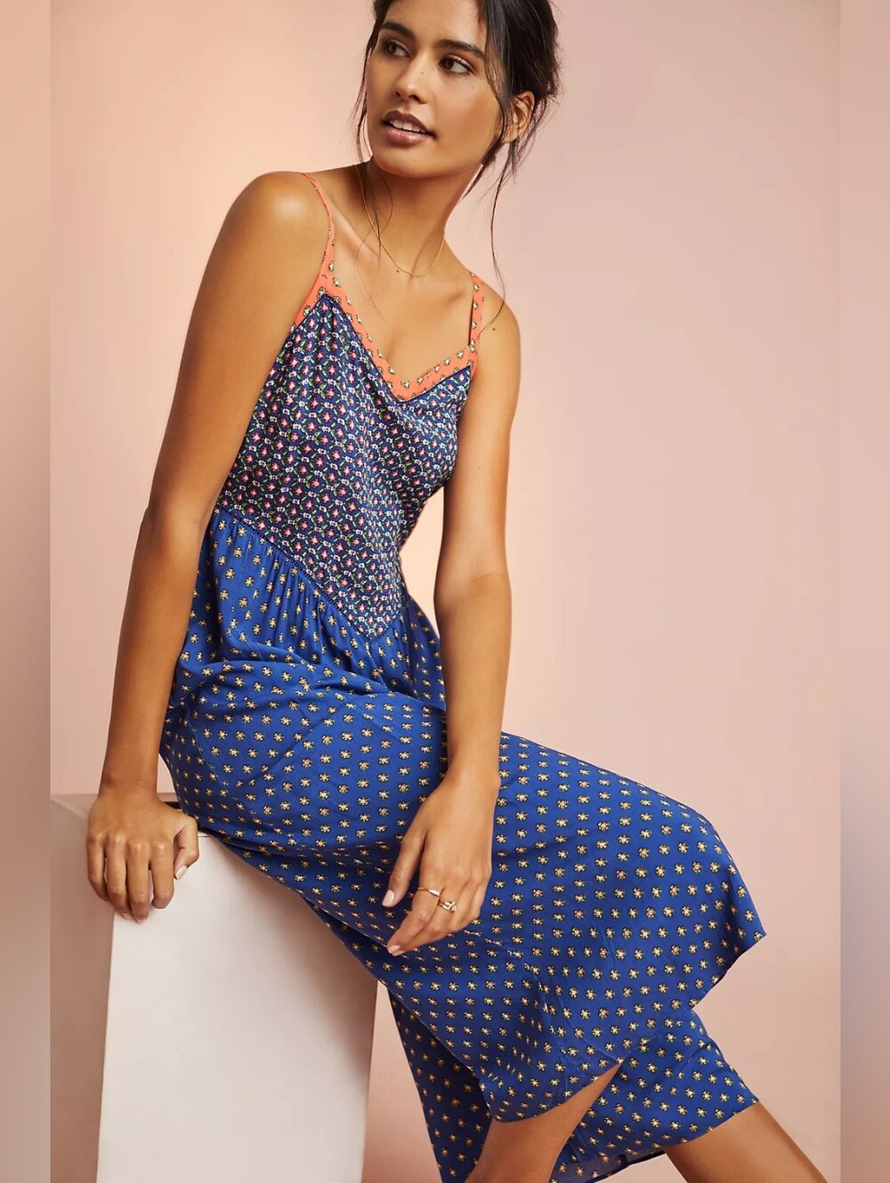 Anthropologie Lynn Floral Wide Leg Jumpsuit Blue Coral Size S